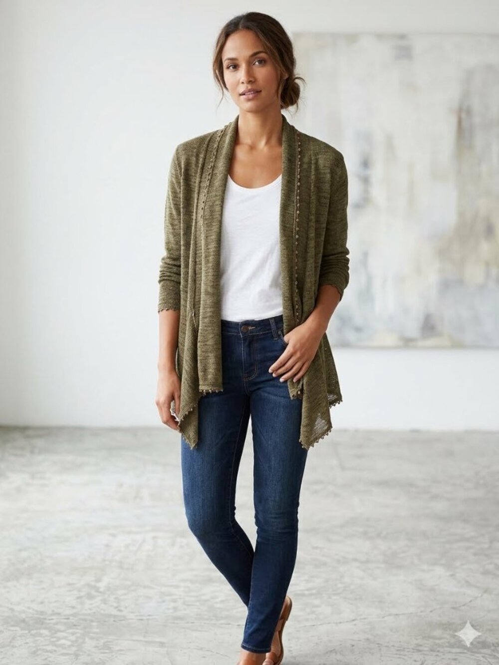 Almost Famous Olive Green Open Front Draped Knit Cardigan Boho Sweater S